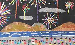 明石芸術祭音楽出演時に使用した貼り絵。海辺の花火にたくさんの人を描いてある。