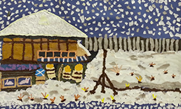 明石芸術祭音楽出演時に使用した貼り絵。夜に雪の積もった建物を描いてある。