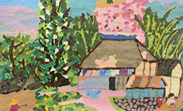 明石芸術祭音楽出演時に使用した貼り絵。木々に囲まれた家が描かれている。